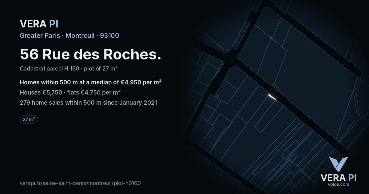 56 Rue des Roches, Montreuil at night – the plot lit, the parcels around coloured by the prices near them