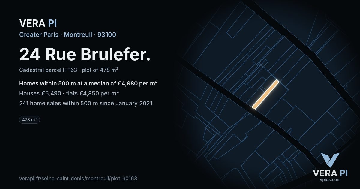 24 Rue Brulefer, Montreuil at night – the plot lit, the parcels around coloured by the prices near them