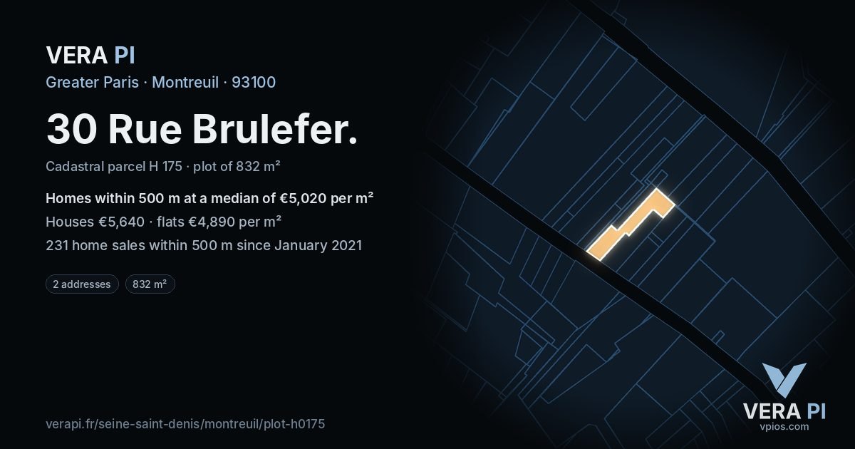 30 Rue Brulefer, Montreuil at night – the plot lit, the parcels around coloured by the prices near them