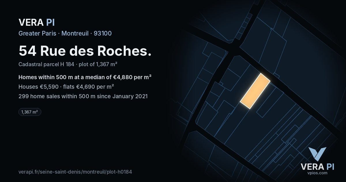 54 Rue des Roches, Montreuil at night – the plot lit, the parcels around coloured by the prices near them