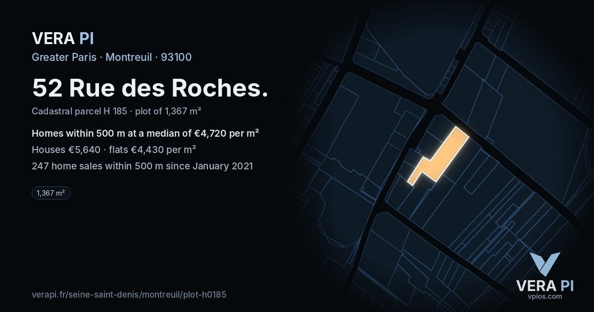 52 Rue des Roches, Montreuil at night – the plot lit, the parcels around coloured by the prices near them