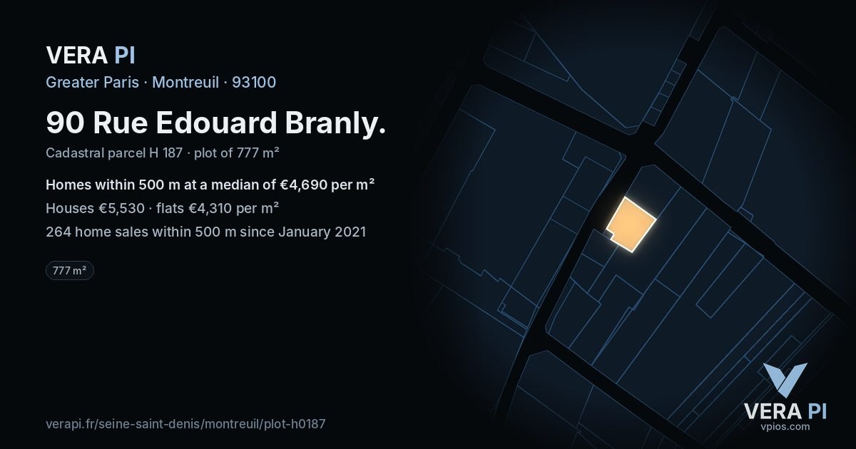 90 Rue Edouard Branly, Montreuil at night – the plot lit, the parcels around coloured by the prices near them
