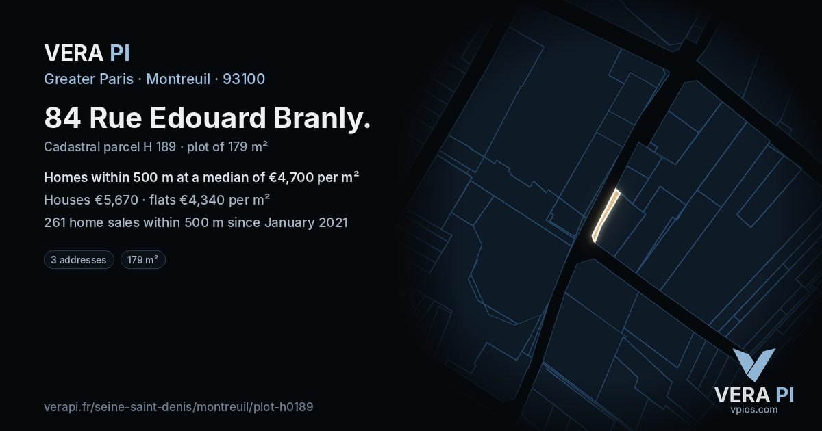 84 Rue Edouard Branly, Montreuil at night – the plot lit, the parcels around coloured by the prices near them