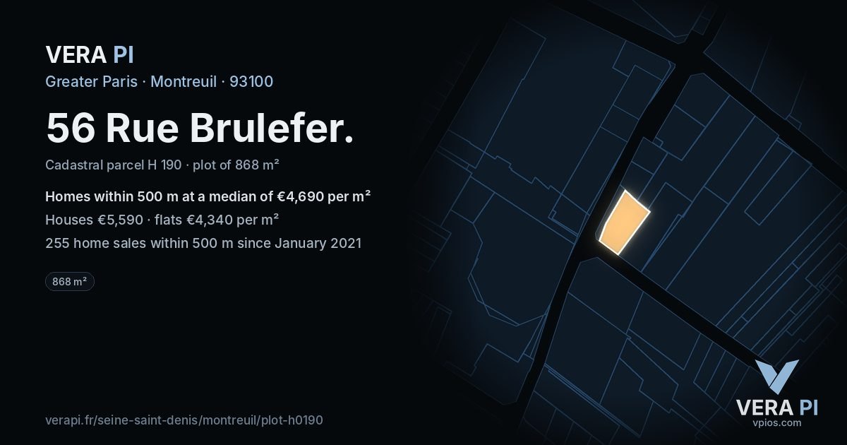 56 Rue Brulefer, Montreuil at night – the plot lit, the parcels around coloured by the prices near them