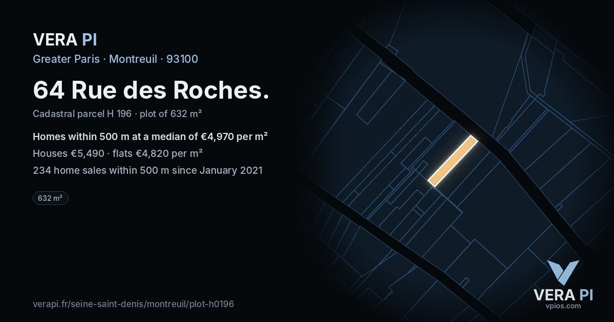 64 Rue des Roches, Montreuil at night – the plot lit, the parcels around coloured by the prices near them