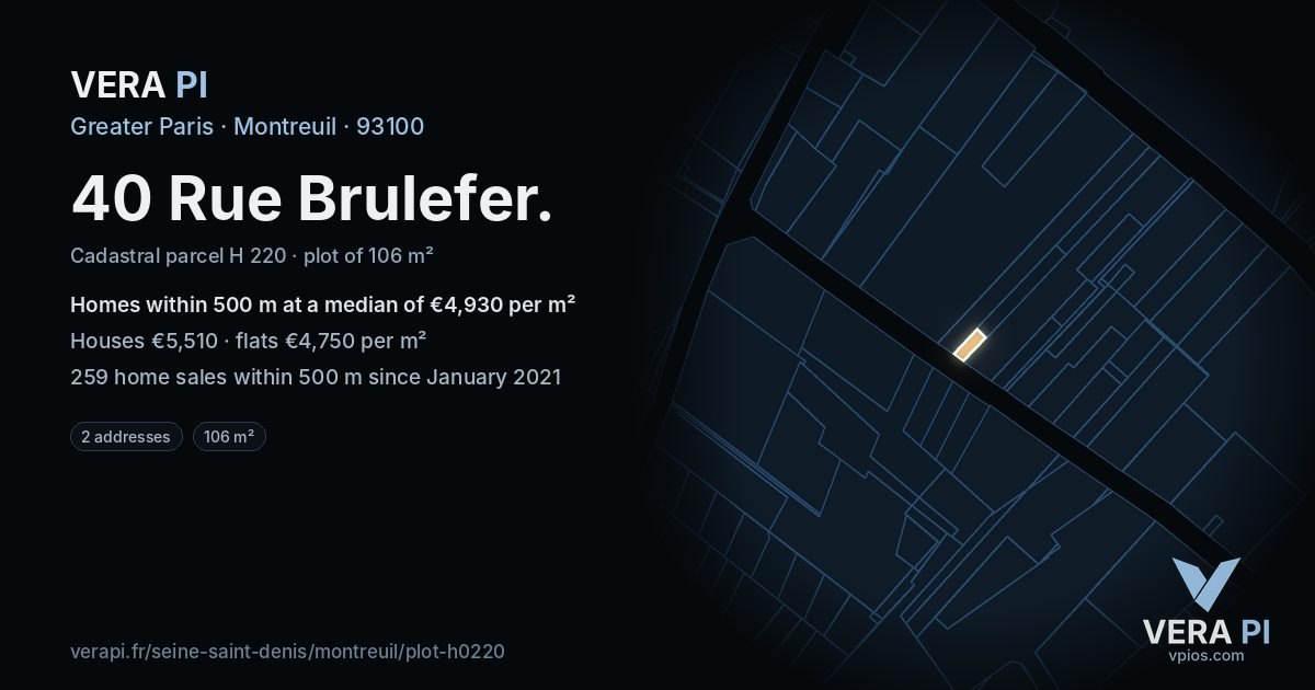 40 Rue Brulefer, Montreuil at night – the plot lit, the parcels around coloured by the prices near them