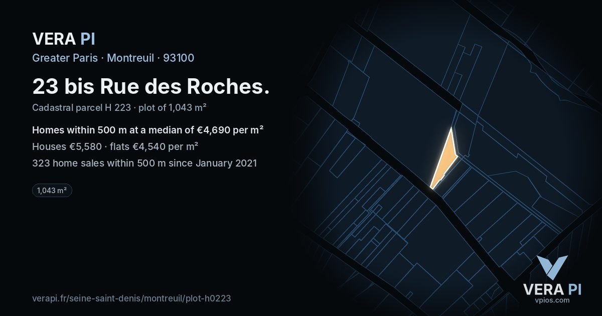 23 bis Rue des Roches, Montreuil at night – the plot lit, the parcels around coloured by the prices near them