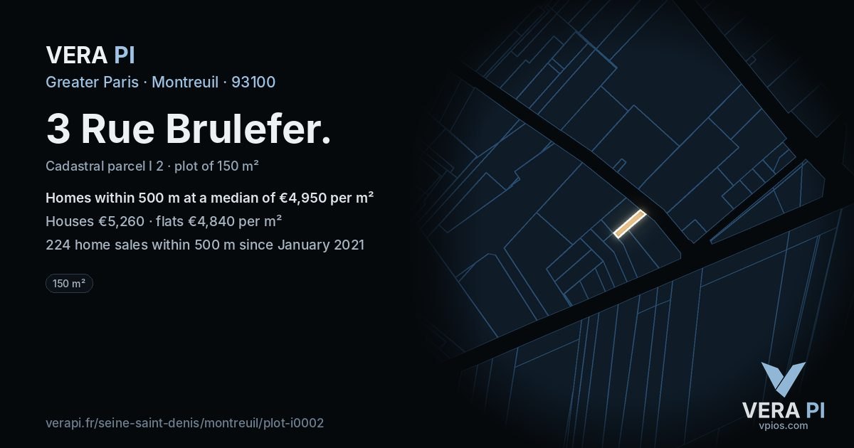3 Rue Brulefer, Montreuil at night – the plot lit, the parcels around coloured by the prices near them