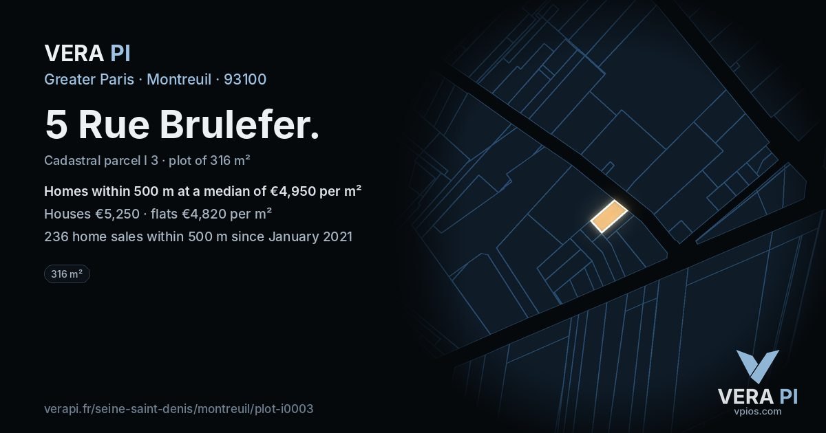 5 Rue Brulefer, Montreuil at night – the plot lit, the parcels around coloured by the prices near them