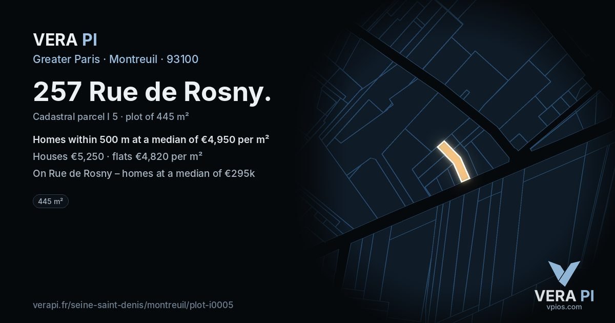 257 Rue de Rosny, Montreuil at night – the plot lit, the parcels around coloured by the prices near them
