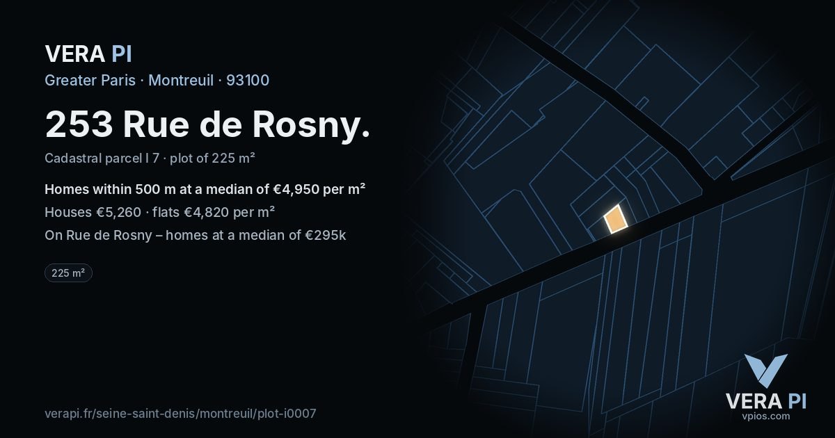 253 Rue de Rosny, Montreuil at night – the plot lit, the parcels around coloured by the prices near them
