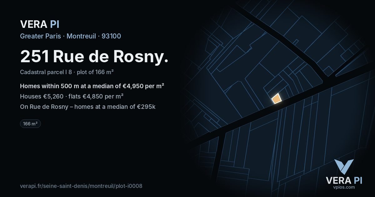 251 Rue de Rosny, Montreuil at night – the plot lit, the parcels around coloured by the prices near them