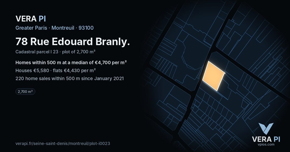 78 Rue Edouard Branly, Montreuil at night – the plot lit, the parcels around coloured by the prices near them