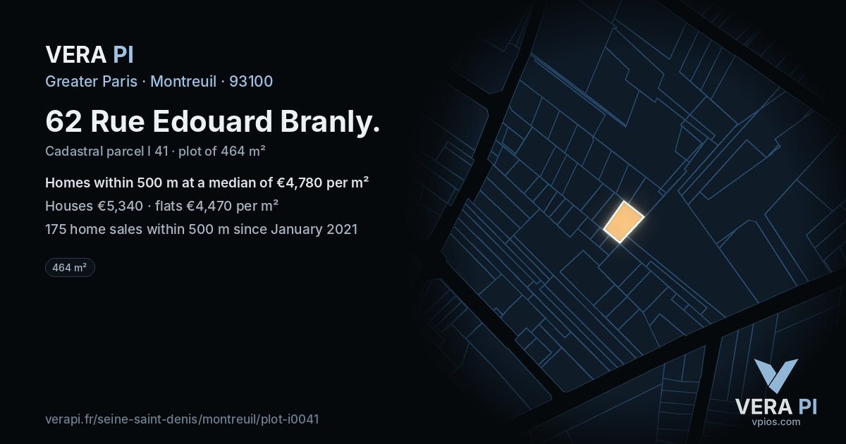 62 Rue Edouard Branly, Montreuil at night – the plot lit, the parcels around coloured by the prices near them