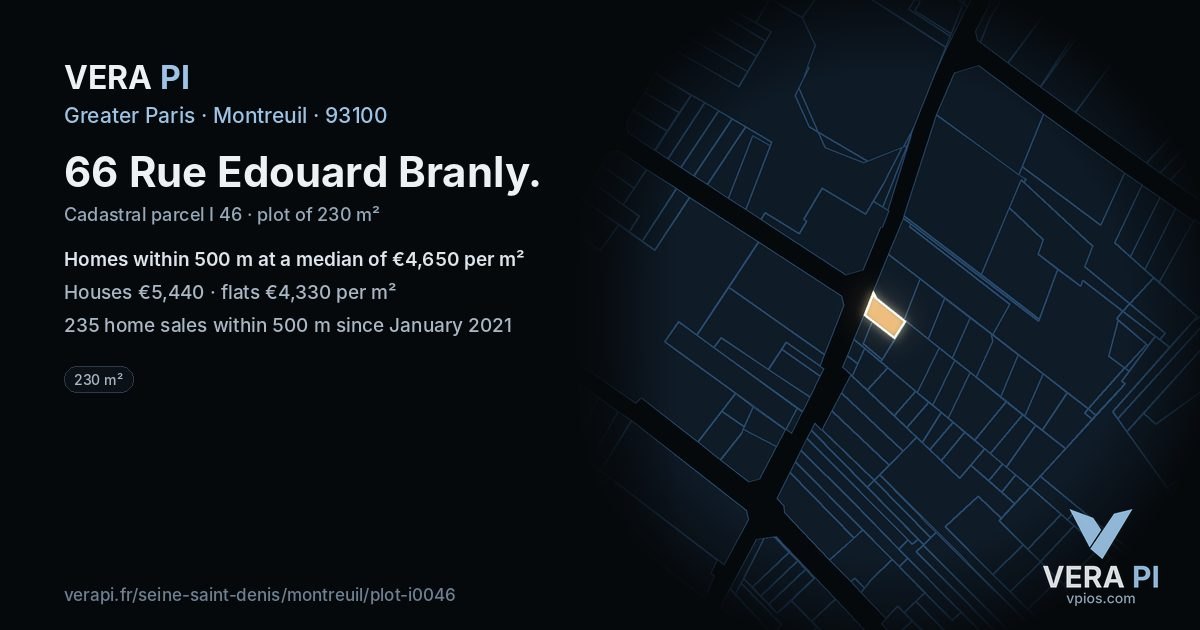 66 Rue Edouard Branly, Montreuil at night – the plot lit, the parcels around coloured by the prices near them