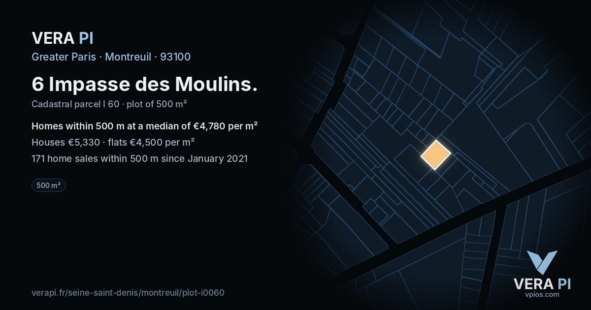 6 Impasse des Moulins, Montreuil at night – the plot lit, the parcels around coloured by the prices near them