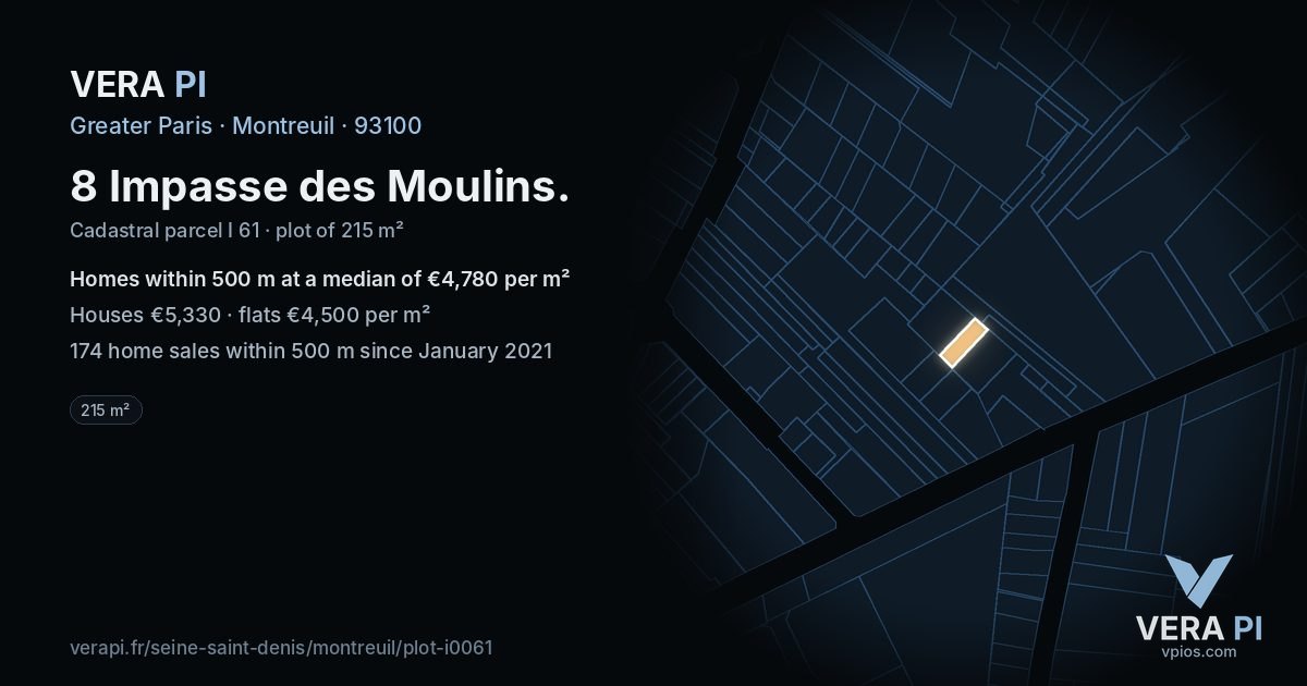 8 Impasse des Moulins, Montreuil at night – the plot lit, the parcels around coloured by the prices near them