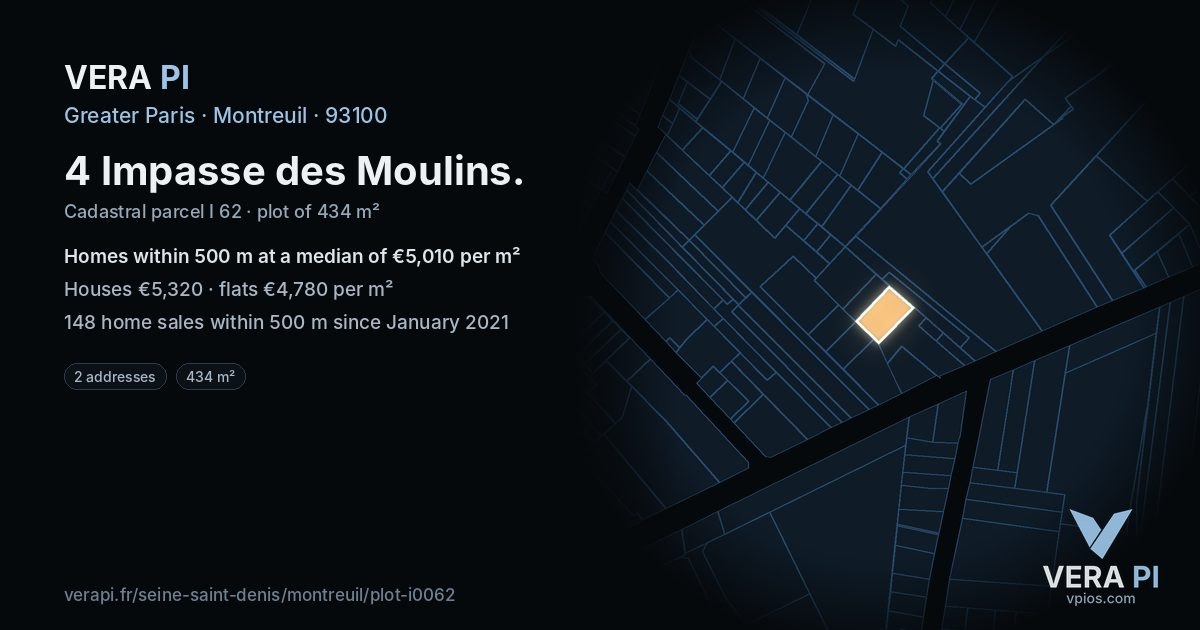 4 Impasse des Moulins, Montreuil at night – the plot lit, the parcels around coloured by the prices near them