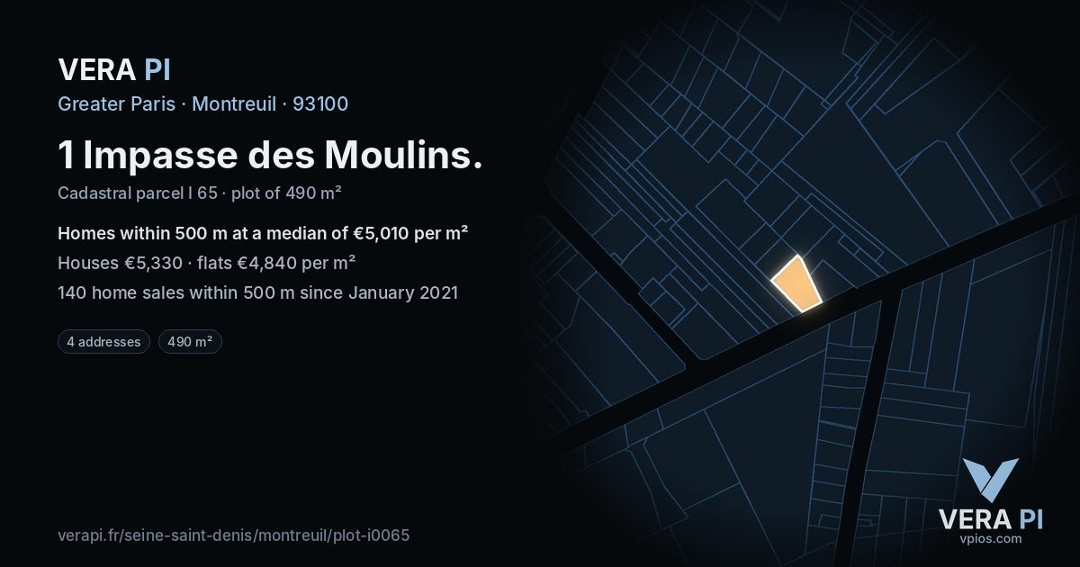 1 Impasse des Moulins, Montreuil at night – the plot lit, the parcels around coloured by the prices near them