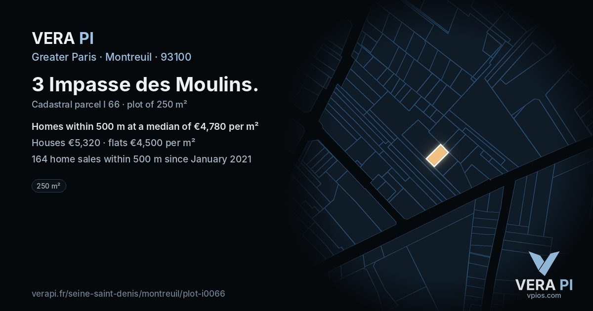 3 Impasse des Moulins, Montreuil at night – the plot lit, the parcels around coloured by the prices near them