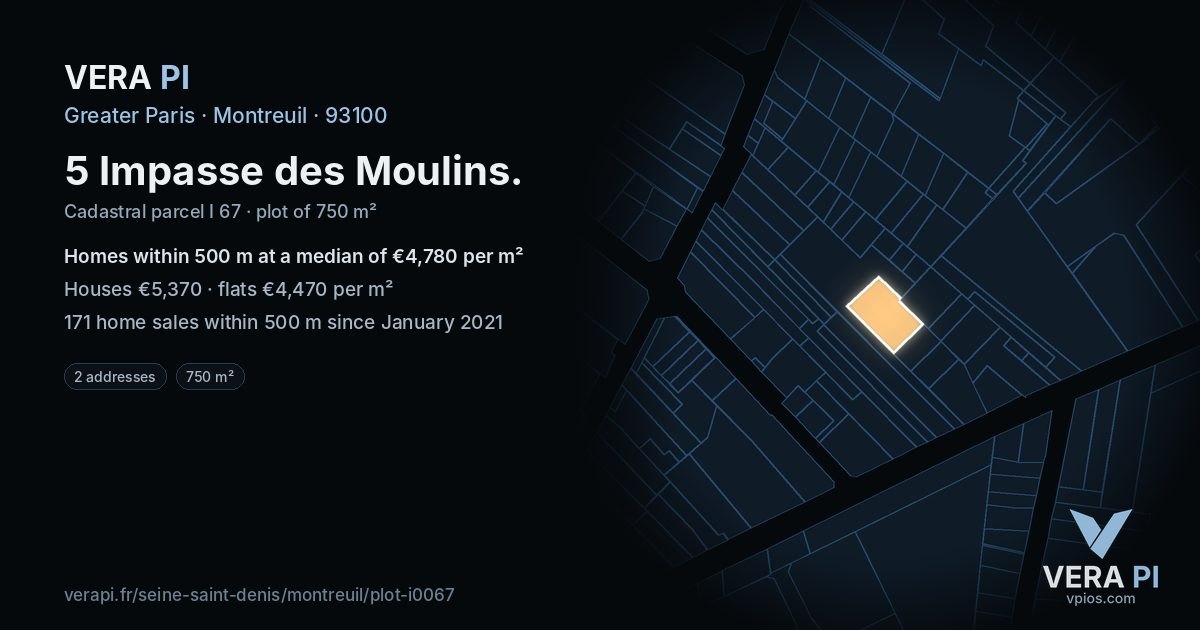 5 Impasse des Moulins, Montreuil at night – the plot lit, the parcels around coloured by the prices near them