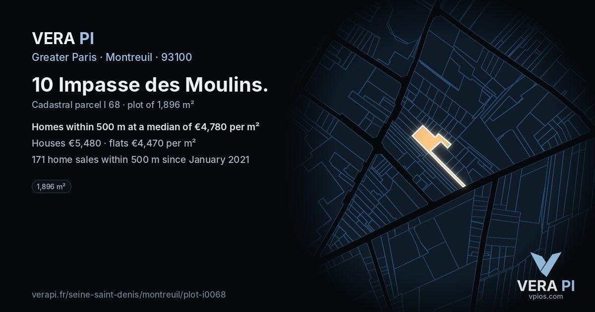 10 Impasse des Moulins, Montreuil at night – the plot lit, the parcels around coloured by the prices near them