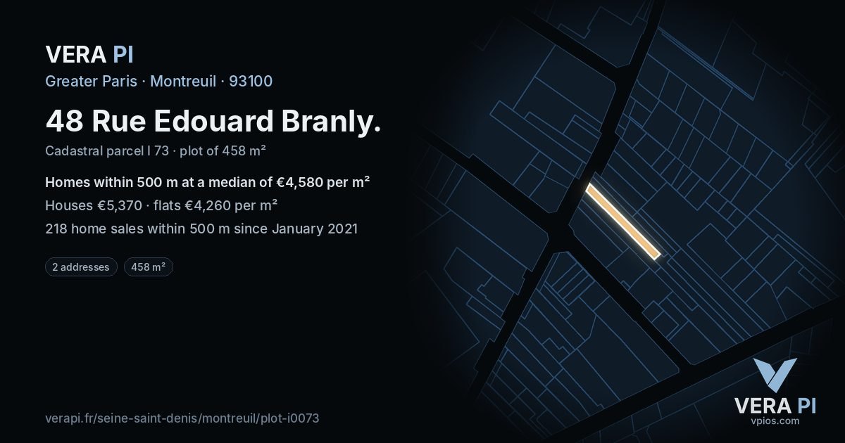 48 Rue Edouard Branly, Montreuil at night – the plot lit, the parcels around coloured by the prices near them