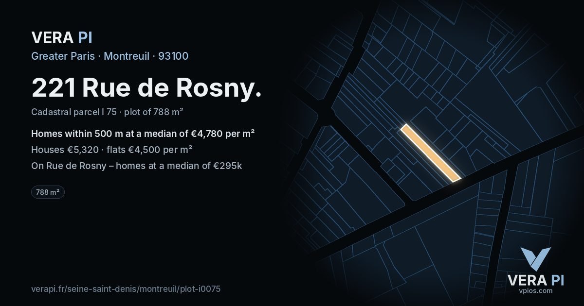 221 Rue de Rosny, Montreuil at night – the plot lit, the parcels around coloured by the prices near them