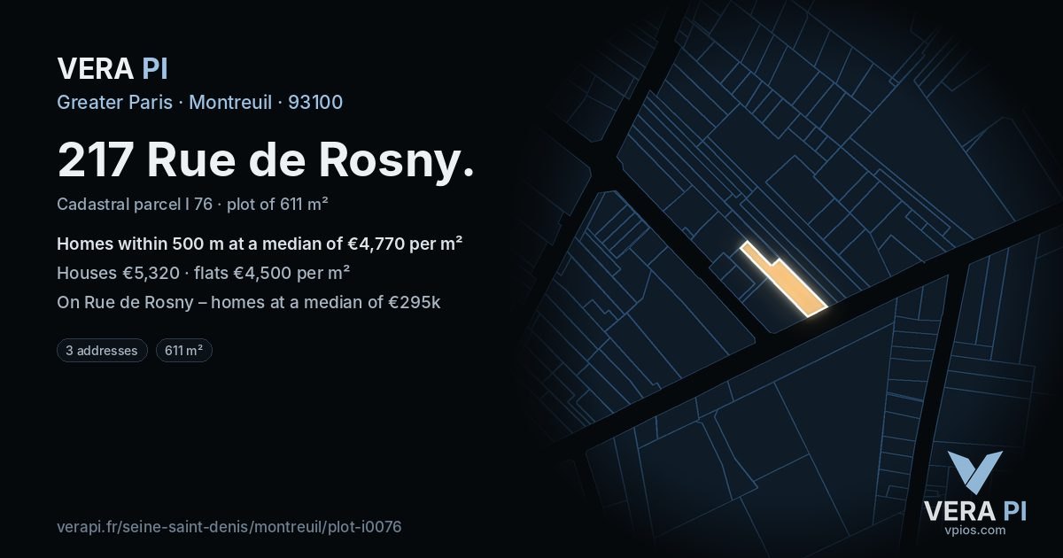 217 Rue de Rosny, Montreuil at night – the plot lit, the parcels around coloured by the prices near them