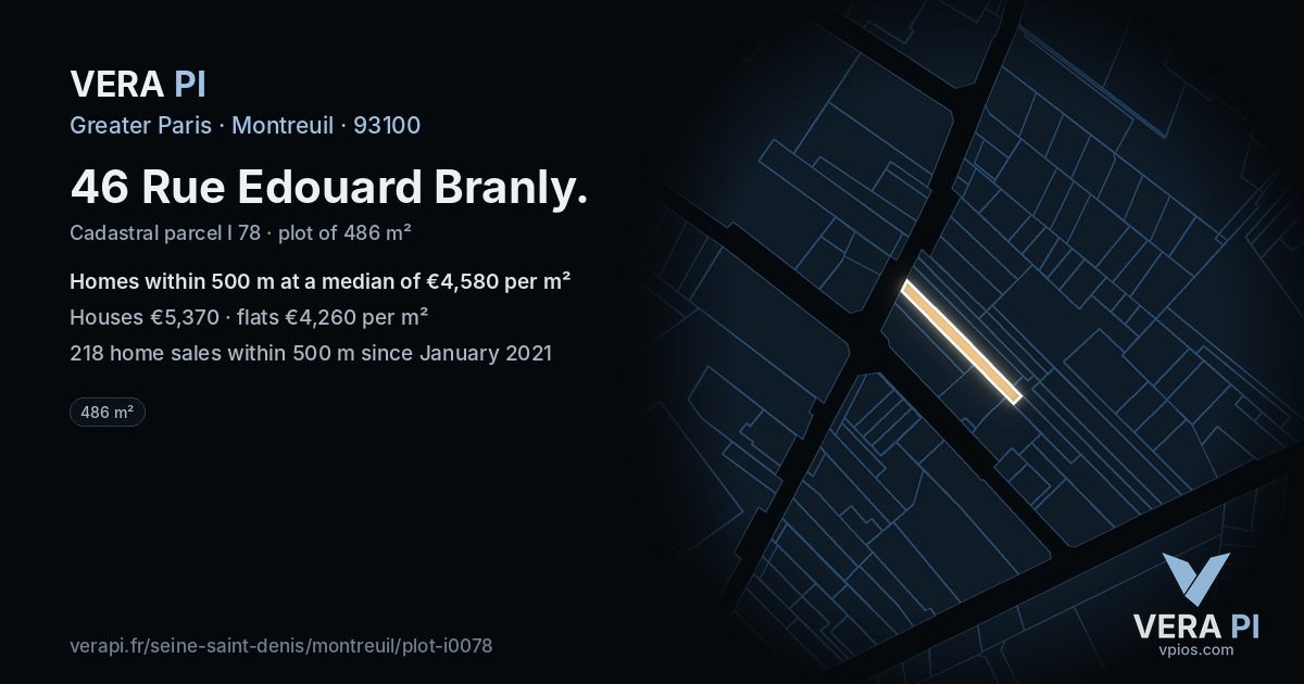 46 Rue Edouard Branly, Montreuil at night – the plot lit, the parcels around coloured by the prices near them