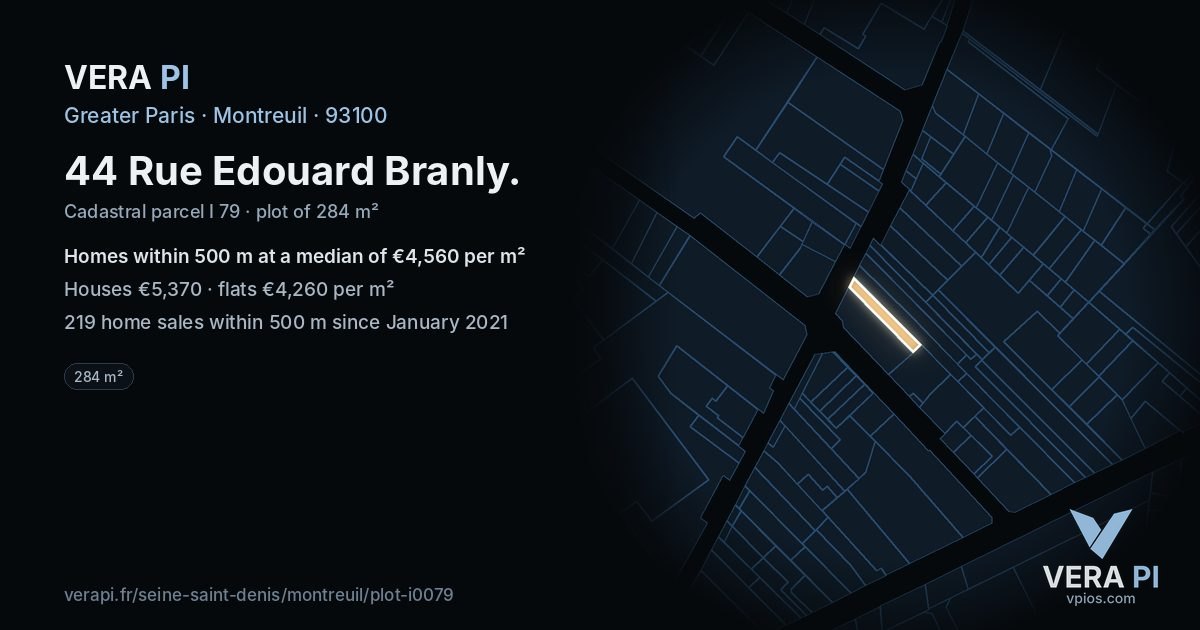 44 Rue Edouard Branly, Montreuil at night – the plot lit, the parcels around coloured by the prices near them