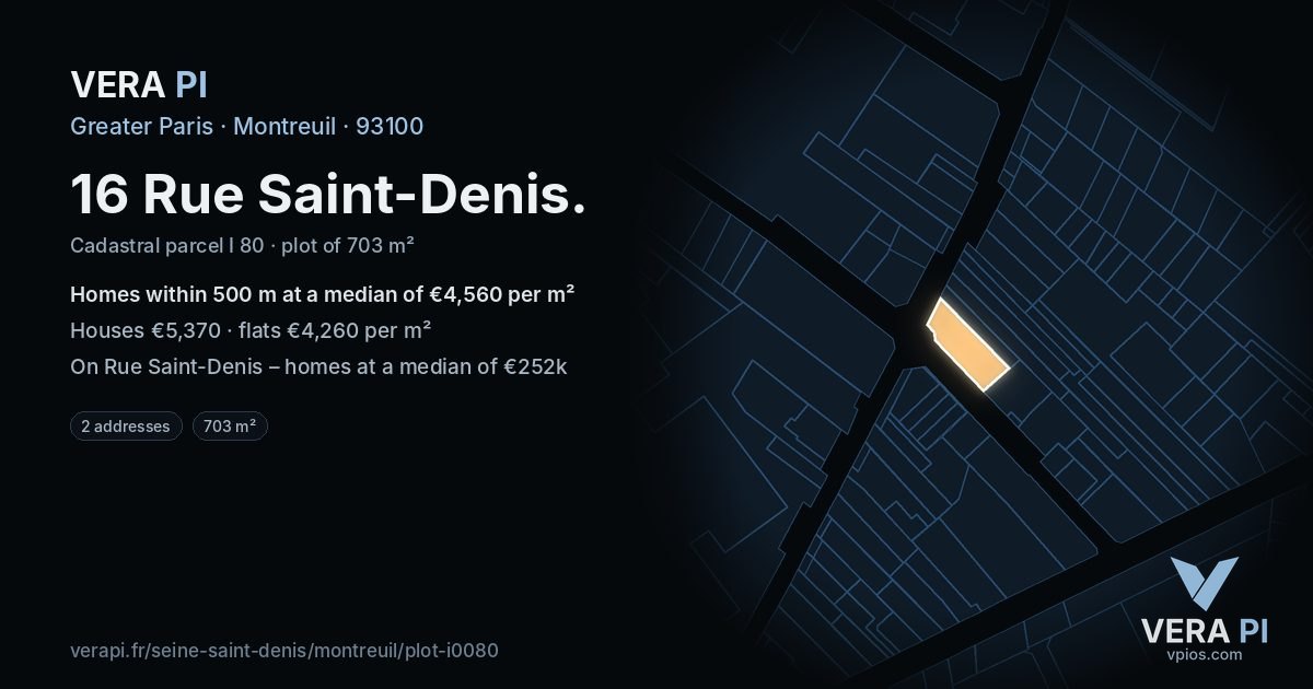 16 Rue Saint-Denis, Montreuil at night – the plot lit, the parcels around coloured by the prices near them