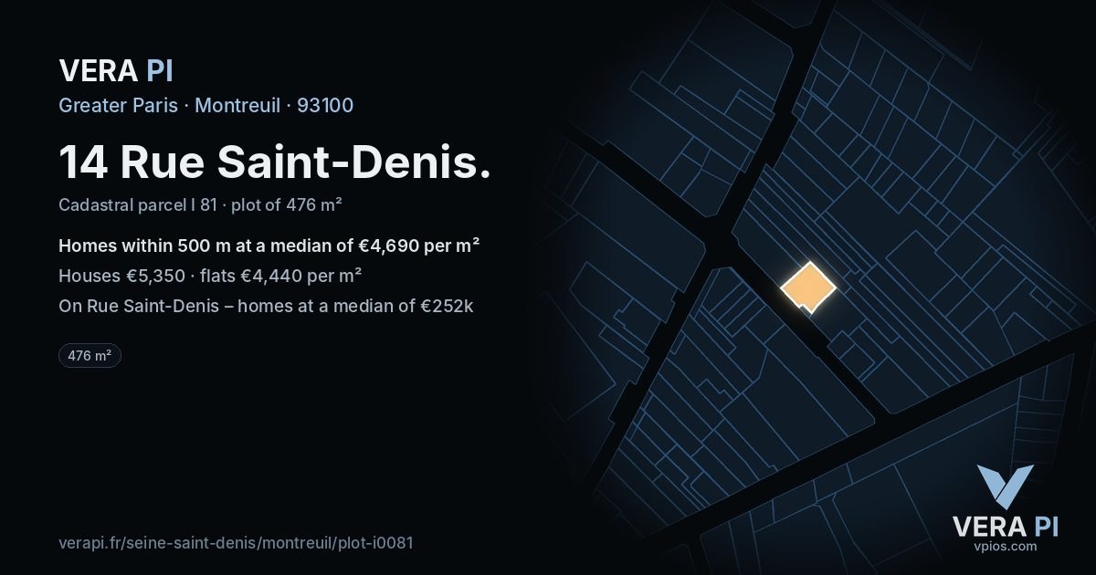 14 Rue Saint-Denis, Montreuil at night – the plot lit, the parcels around coloured by the prices near them