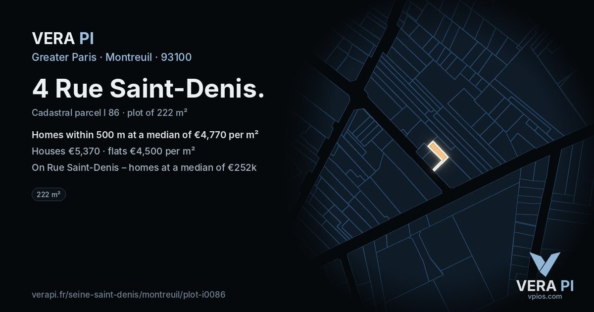 4 Rue Saint-Denis, Montreuil at night – the plot lit, the parcels around coloured by the prices near them