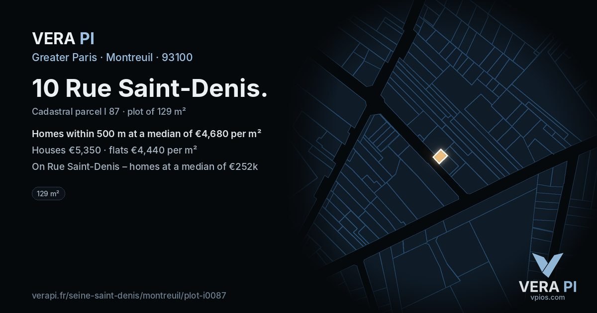 10 Rue Saint-Denis, Montreuil at night – the plot lit, the parcels around coloured by the prices near them
