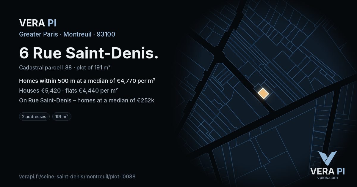 6 Rue Saint-Denis, Montreuil at night – the plot lit, the parcels around coloured by the prices near them