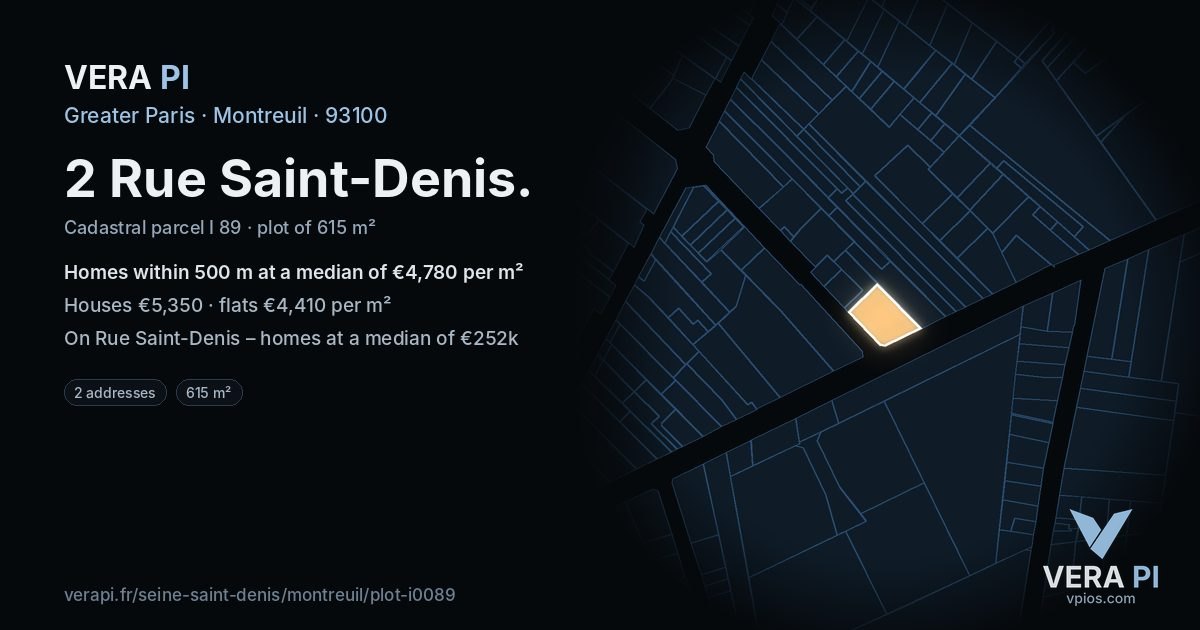 2 Rue Saint-Denis, Montreuil at night – the plot lit, the parcels around coloured by the prices near them