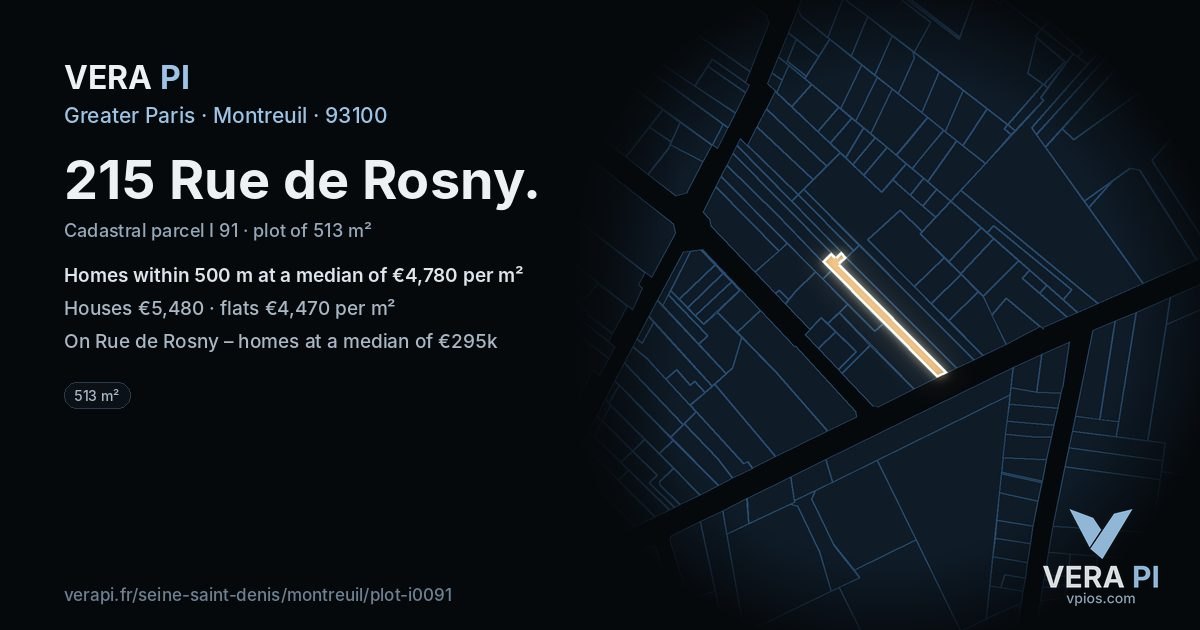 215 Rue de Rosny, Montreuil at night – the plot lit, the parcels around coloured by the prices near them