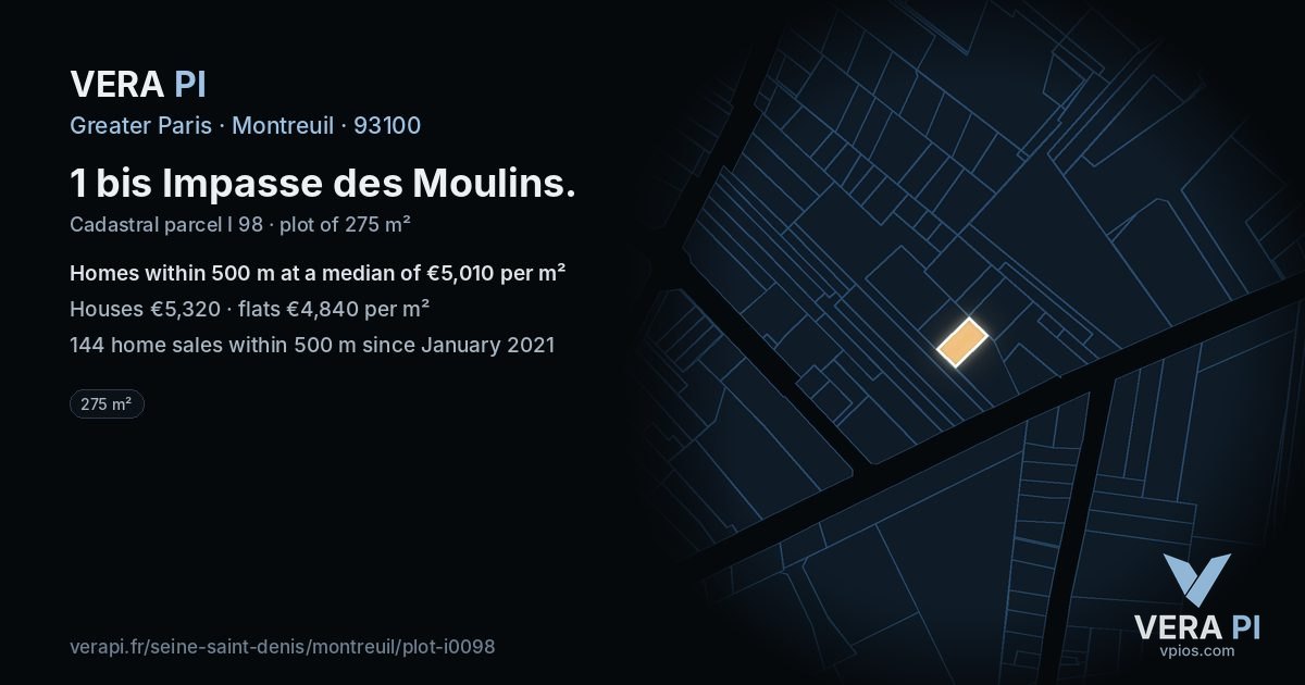 1 bis Impasse des Moulins, Montreuil at night – the plot lit, the parcels around coloured by the prices near them