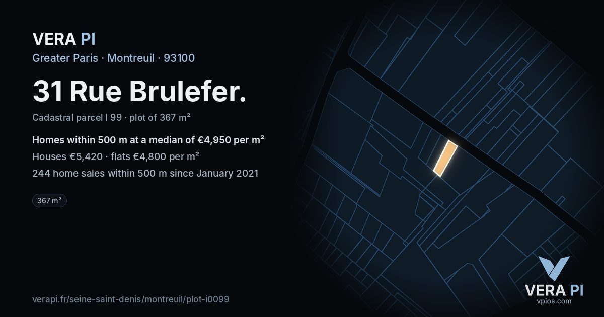 31 Rue Brulefer, Montreuil at night – the plot lit, the parcels around coloured by the prices near them