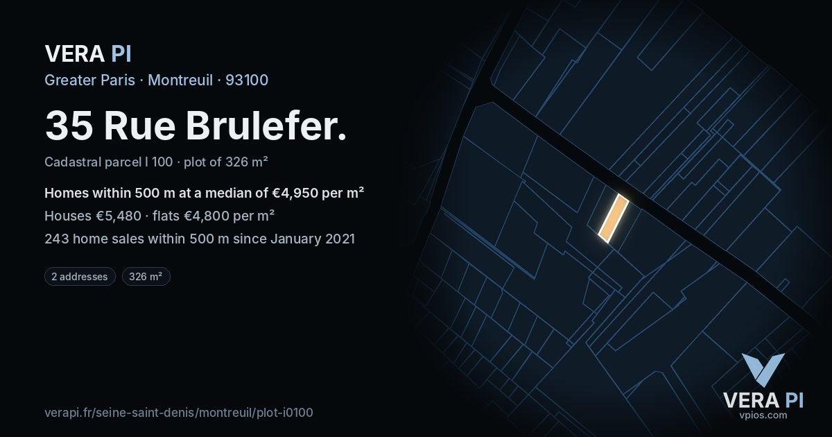 35 Rue Brulefer, Montreuil at night – the plot lit, the parcels around coloured by the prices near them