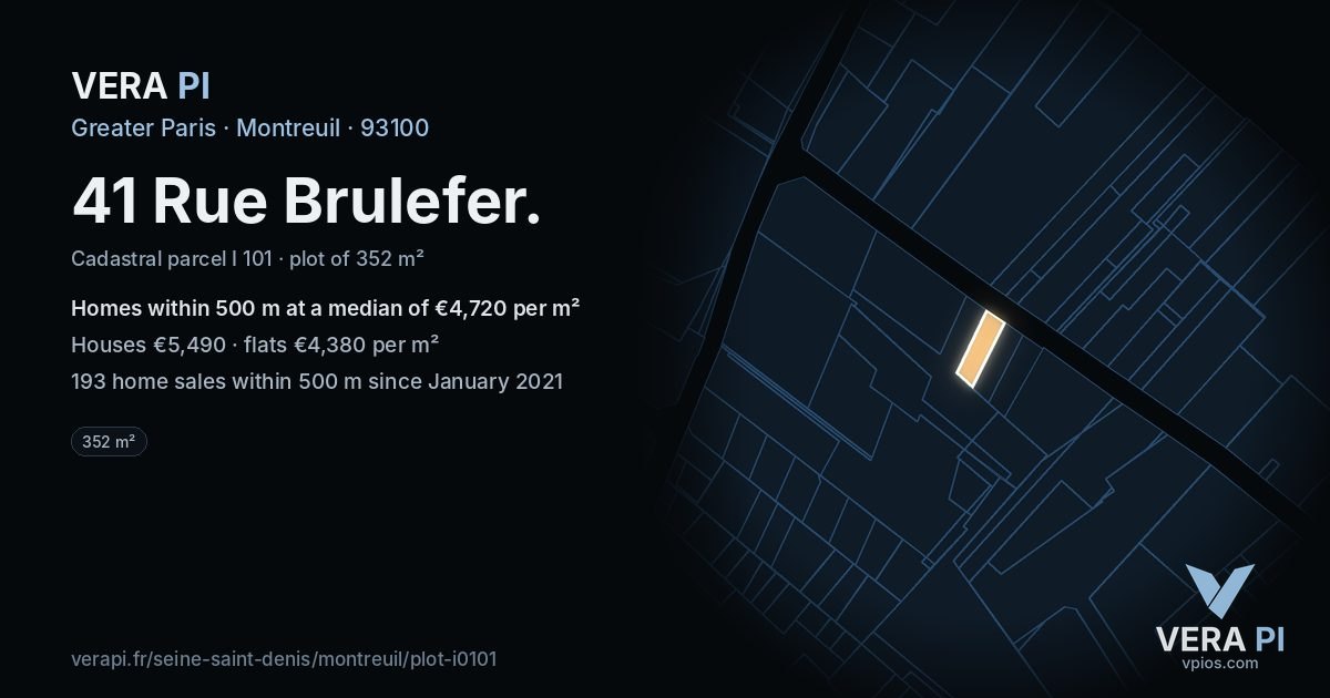 41 Rue Brulefer, Montreuil at night – the plot lit, the parcels around coloured by the prices near them