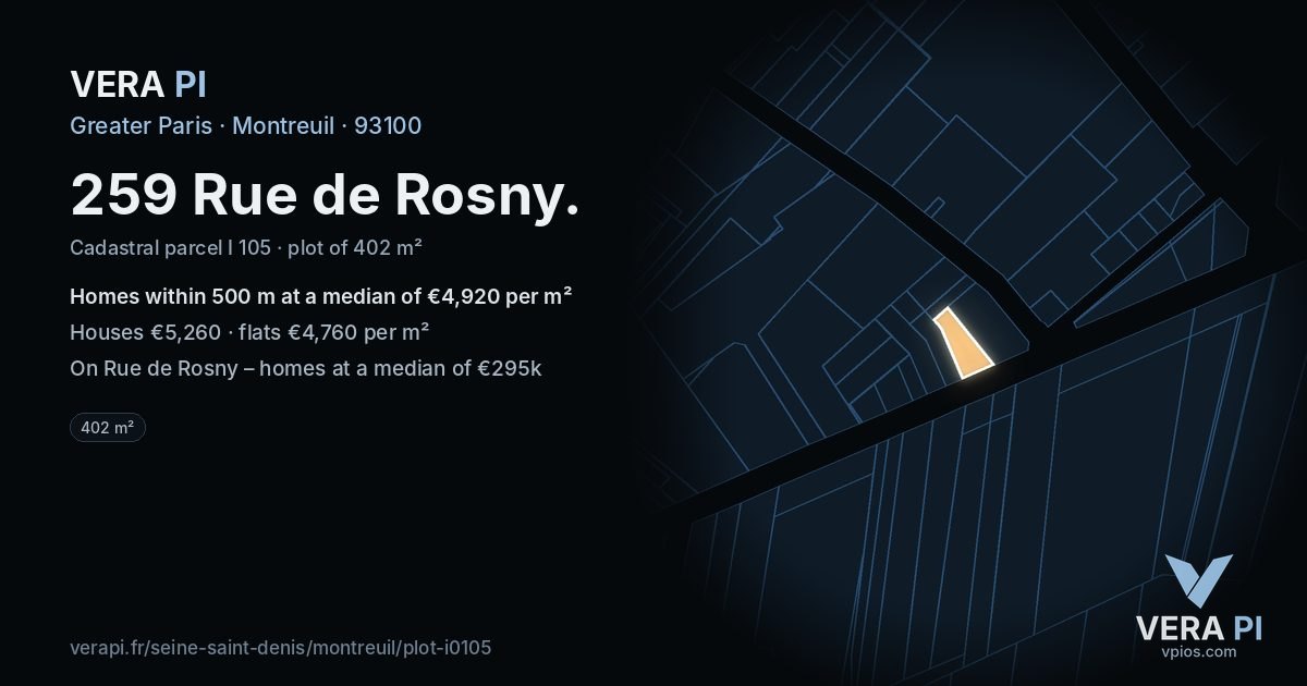 259 Rue de Rosny, Montreuil at night – the plot lit, the parcels around coloured by the prices near them