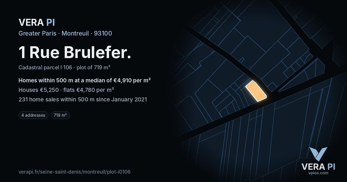 1 Rue Brulefer, Montreuil at night – the plot lit, the parcels around coloured by the prices near them