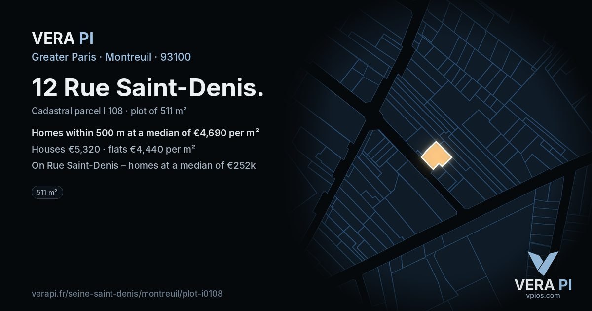 12 Rue Saint-Denis, Montreuil at night – the plot lit, the parcels around coloured by the prices near them