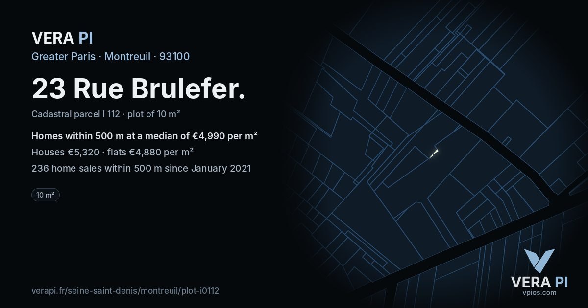 23 Rue Brulefer, Montreuil at night – the plot lit, the parcels around coloured by the prices near them