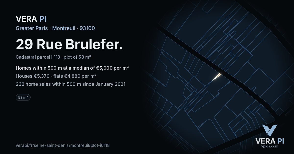 29 Rue Brulefer, Montreuil at night – the plot lit, the parcels around coloured by the prices near them