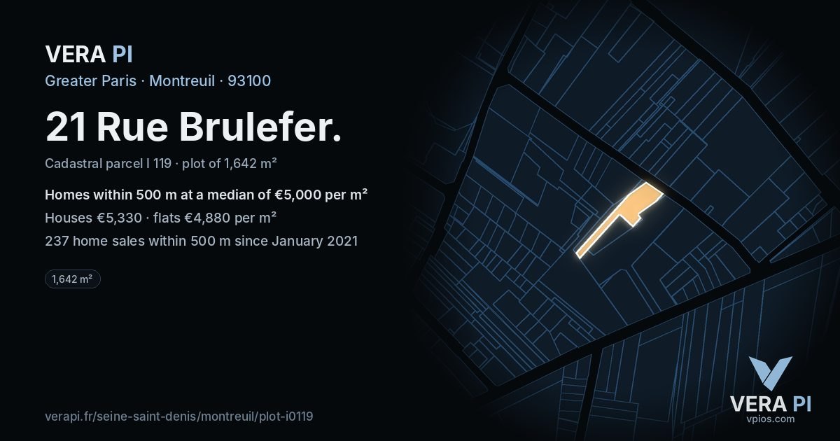 21 Rue Brulefer, Montreuil at night – the plot lit, the parcels around coloured by the prices near them