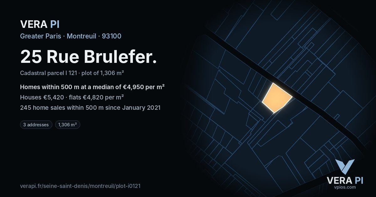 25 Rue Brulefer, Montreuil at night – the plot lit, the parcels around coloured by the prices near them