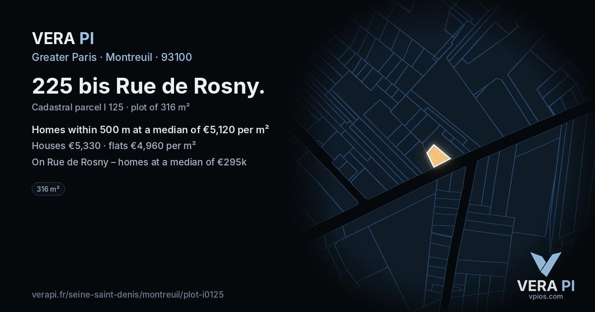 225 bis Rue de Rosny, Montreuil at night – the plot lit, the parcels around coloured by the prices near them